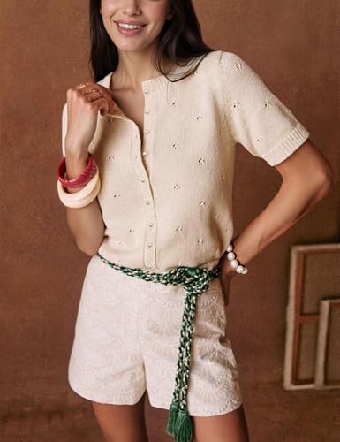 Image of Womens Cardigan Short Sleeve Lightweight Cropped Sweaters 2025 Summer Button Up Shirts Crew Neck Crochet Knit Top