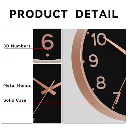 Image of Roymnie Wall Clock 12 Inch Silent Wall Clocks Battery Operated-Modern Non Ticking Analog Clock Decorative for Kitchen Bedroom Office (Black Rose Gold)