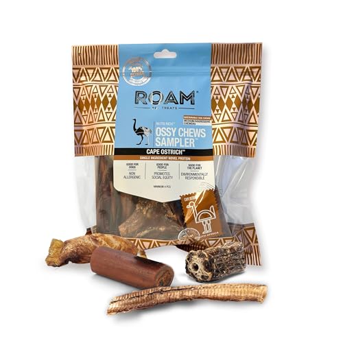 ROAM Dog Treats Exotic Ostrich Chews for Dogs Sampler - Adult Dog Chew Treats, Ostrich Bones for Dogs (Mixed Pack of 4)
