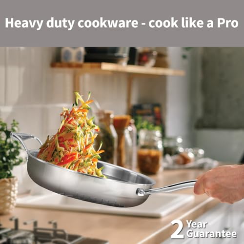 Image of Hawkins 26 cm Triply Stainless Steel Pro Frying Pan | Induction & Gas Compatible | No Burning | Even Heating | with Glass Lid | Silver (PSNF26G)|Induction and Gas Stove Compatible