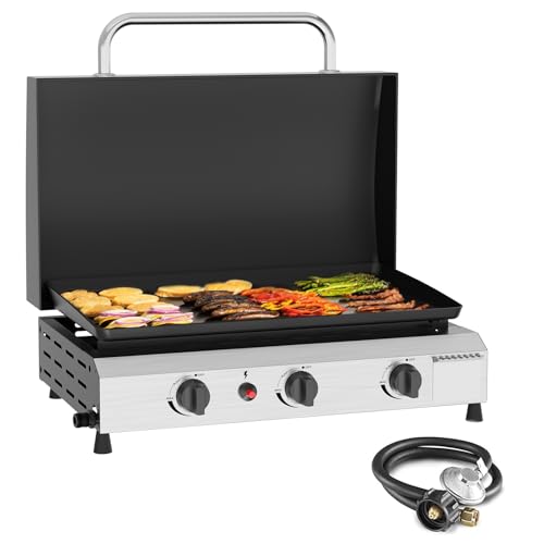 SKOK 3 Burners Outdoor Tabletop Gas Griddle with Hood, Flat Top Grill