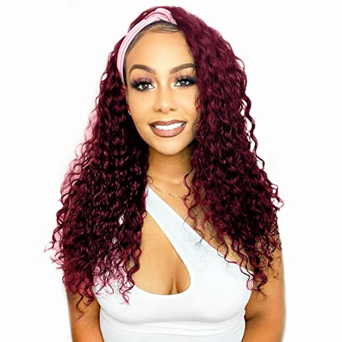 Image of Celiarita Red Burgundy Headband Wigs Human Hair Deep Wave 16 Inch None Lace Front Wigs Curly Human Hair Headband Wig Glueless Machine Made Deep Wave #99J Headband Wig for Black Women 150% Density