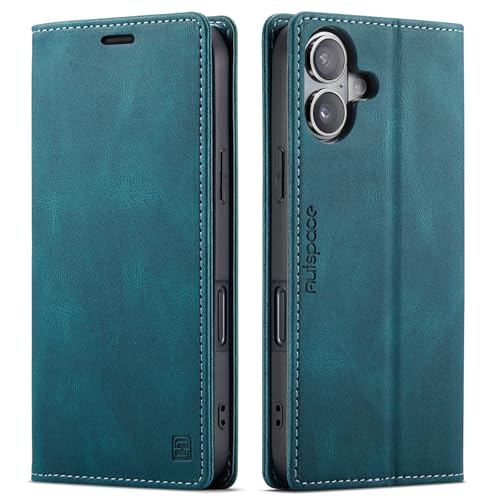 Pepmune iPhone 16 用 ケース 手帳型 カバー PUレザー カード収納 財布型 マグネット スタンド機能付き 全面保護 耐衝撃 衝撃吸収 折りたたみ 軽量 薄型 傷防止 落ち着いた色 携帯ケース(ブルー)