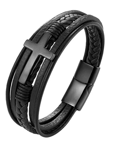 Cross Leather Bracelet for Men, Multi-Layer Braided Mens Religious Cuff Bracelets with Stainless Steel Clasp Anniversary Father's Day Birthday Christmas Jewelry Gifts for Him