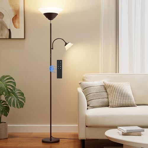 Image of SIBRILLE 2-in-1 Torchiere Floor Lamp, 34W Super Bright LED Standing Lamp with Remote & Touch Control, 72 inch Dimmable Adjustable Corner Reading Lamp for Living Room, Bedroom, Office, Brown
