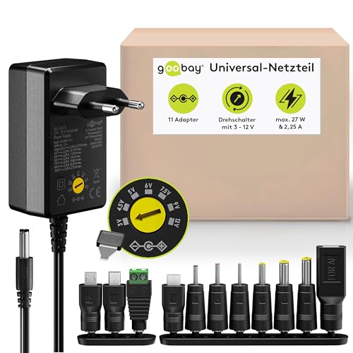 goobay 64570 Universal-Netzteil 3 V - 12 V, max. 27 W / DC Wechseladapter / Ersatznetzteil f&uuml;r TV, PC, Router, LED Streifen / Variable Spannung / USB C, USB A, Micro USB / inkl. 11 Adapter/ Schwarz