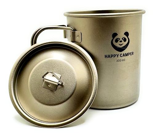 Happy Camper Ultralight Titanium Mug with Lid and Net Drawstring Bag, 300 ml - High Strength Cup for Camping, Backpacking, Hiking, and Backyard Use