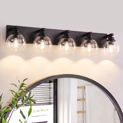 Image of LmnLvn Farmhouse 5-Light Vanity Light, Matte Black Metal with Glass Shade