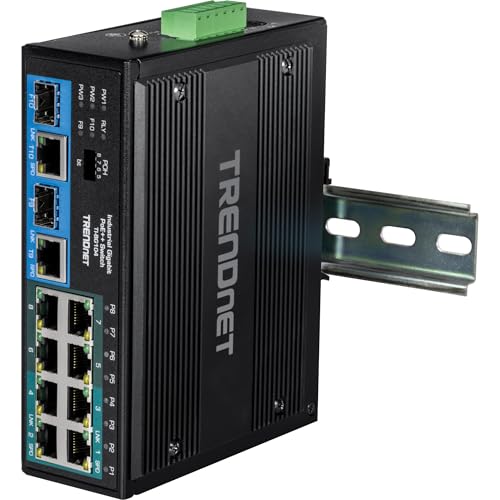 Image of TRENDnet 10-Port Hardened Industrial Unmanaged Gigabit PoE ++ DIN-Rail Switch, 4 Gigabit PoE++ Ports, 4 Gigabit PoE+, 2 Gigabit Share Ports SFP or RJ-45, 360W Power Budget, Black, TI-BG104