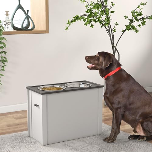 PawHut Erhöhter Hundenapf Futternapf mit Ständer Wassernapf 2 x 2L Edelstahlnäpfen Langsamfutternapf für Große Hunde, Weiß