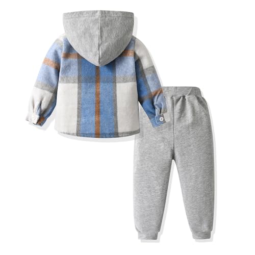 Image of Yanmucy 2PCS Little Toddler Boys Sweatsuit Cotton Plaid Hoodies Shirt Tops + Pants Kids Spring Fall Winter Clothing Set