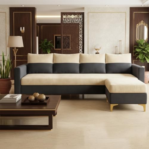 FURNY Canvora 4 Seater Fabric Sofa Set with Extra Ottoman (Cream-Dark Grey) Premium Velvet Finish | Durable Comfort | Ideal for Living Room