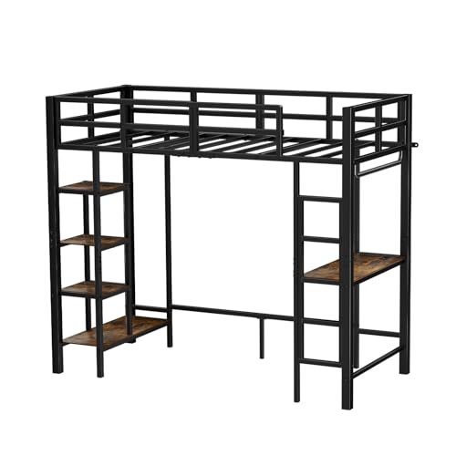 EGGREE Litera con Escritorio y Almacenaje, con 4 Estantes Laterales, Gancho para Auriculares, Escritorio con Enchufes, Cama Ahorradora de Espacio para Adolescentes y Adultos, 90x200cm, Negro