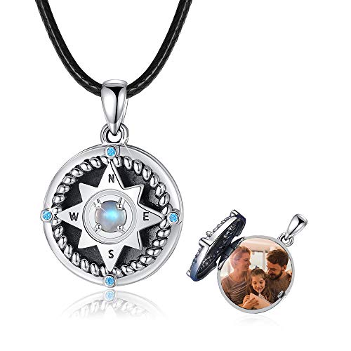 Compass Necklace 925 Sterling Silver Compass Locket Necklace That Hold Photos,Moonstone Compass Necklace Inspirational Compass Jewelry Always in my heart Compass Pendant for Men and women