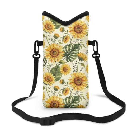 Image of Neoprene Phone Pouch with Detachable Crossbody Strap Portable Mobile Phone Bag Waterproof and Shockproof Crossbody Bags for iPhone 17 /16 /15 Pro, Sunflower Monstera Leaf Beige