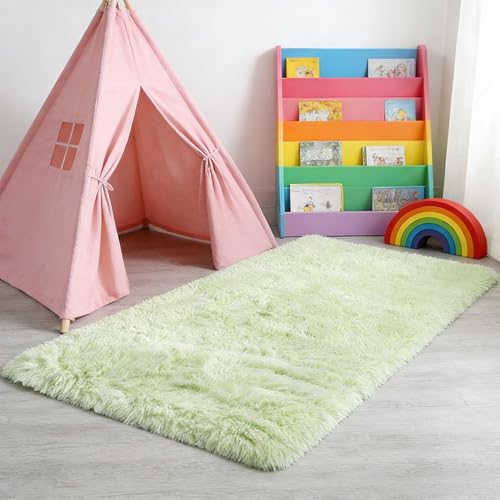 Tapis de fourrure peluche 110 x 380 cm vert clair en polyester lavable - 2