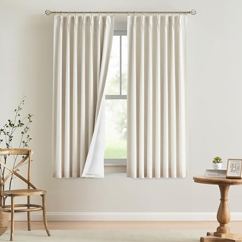 Image of Vision Home Natural Pinch Pleated Full Blackout Curtains Linen Blended Room Darkening Window Curtains 72 inch for Living Room Bedroom Thermal Insulated Pinch Pleat Drapes with Hooks 2 Panel 40 inchWx72 inchL
