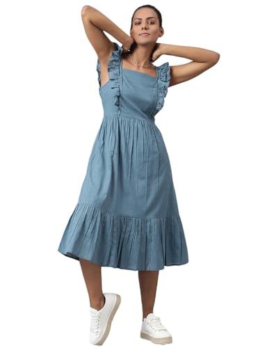 Image of Fabindia Women Back Tie Up Dress Cotton Teal