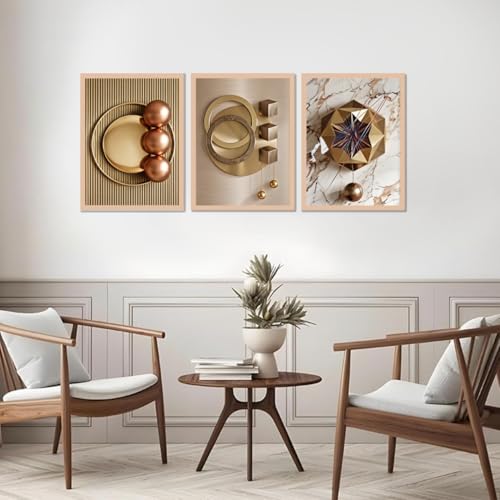 Image of ARAkri Geometric Abstract Wall Art Set of 3, Framed Poster Prints, Gold and Copper Tones, Modern Abstract, Ready to Hang, Living Room Decor (Art 2, 13 x 17 inch)