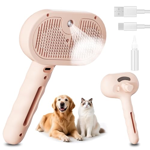 Spazzola a Vapore per Gatti, Spazzola Spray Multiuso per Cani e Gatti per la Perdita Del Pelo, Toelettatura Massaggiante, per Tutti Gli Animali a Pelo Lungo e Corto, Rosa