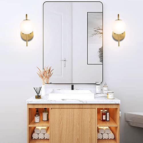 Byoliima Modern Gold Globe Wall Sconce Set Of 2 Industrial Mid Century Bathroom Vanity Wall Light With White Globe Glass Shade Brushed Brass Wall Lamp For Restaurant Living Room Bedside #TOP2