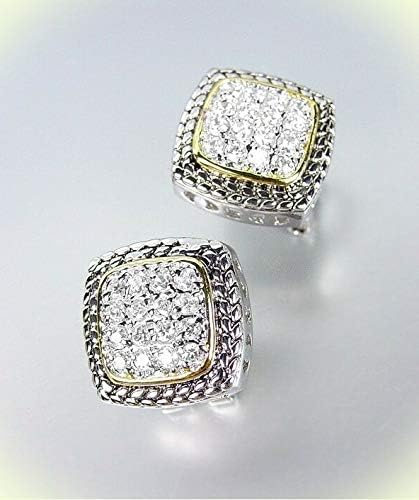 Designer Style Balinese Silver Wheat Gold Pave CZ Crystals Square Post Earrings For Women Set…