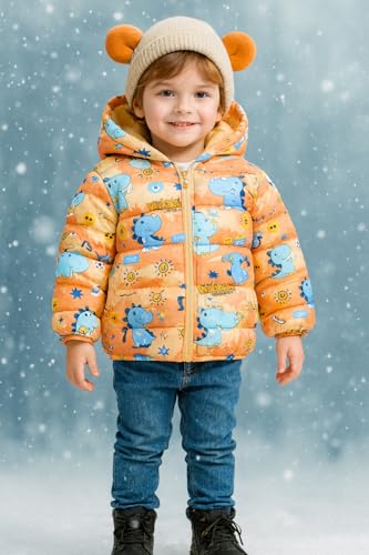Image of Bold N Elegant Kid's Standard Length Polyester Winter Dinosaur Bomber Jacket Hoodie Puffer Quilted Jacket Coat for Baby Boys and Girls