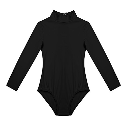 QinCiao Girls Kids Basic Stretch Long Sleeve Mock Turtle Neck Leotard Gymnastic Ballet Dance Leotard Active Top T-Shirt Black 7-8