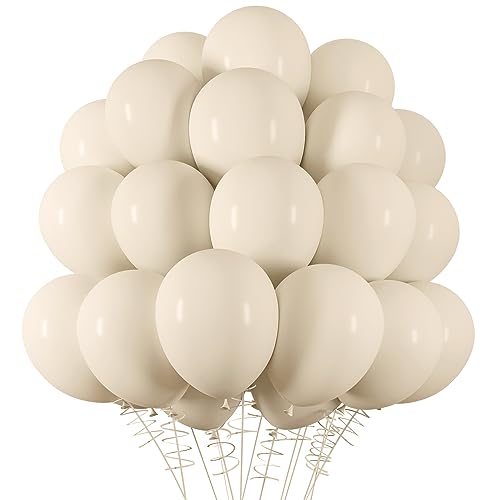 RUBFAC Sand White Balloons Latex Party Balloons 100pcs 12 Inch Helium Balloons for Wedding Bridal Baby Shower Graduation Anniversary Birthday Bachelorette Party Decoration, White Ribbon