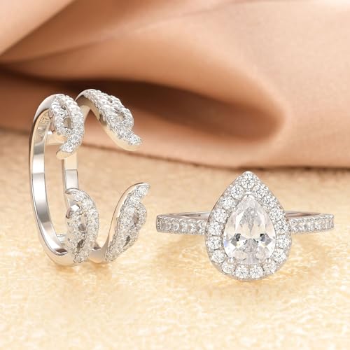 2Ct Wedding Rings Set for Women 925 Sterling Silver Pear Cut CZ Ring Enhancer Bridal Set Engagement Rings for Women Size 5-10 (6)2