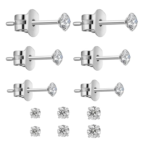 Image of 3 Pairs 925 Sterling Silver Studs Earrings for Women Studs, Cubic Zirconia Stud Earrings, For Mens Women Sensitive Ears