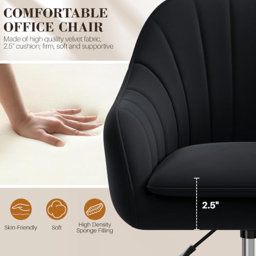 Image of Home Office Desk Chair, Vanity Chair with Wheels, Adjustable Modern Velvet Makeup Chairs for Bedroom Living Room-Black (Silver Base)