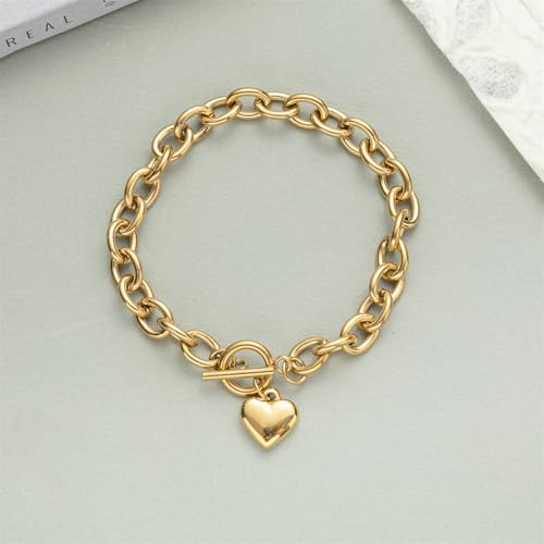 14K Gold Silver Tone Women’s Heart Charm Bracelets Toggle Clasp Stainless Steel Link Bracelet Minimalist Jewelry 7.5”3