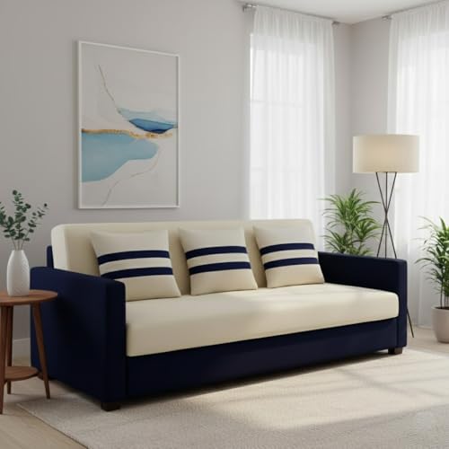 Image of FURNY Lifestylio 3 Seater Fabric Sofa Set (Cream-Dark Blue) Premium Velvet Finish | Ideal for Living Rooms, Offices