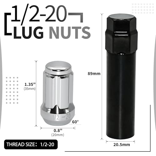 LUJIANI 24 PCS 1/2-20 Chrome Lug Nuts, 1.35\" Tall Hex Trailer Lug Nuts, 60 Degree Conical Cone Seat with Socket Key, Wheel Lugnuts Compatible with Jeep Cherokee Wrangler Liberty TJ XJ ZJ CJ5 - Thumbnail 2