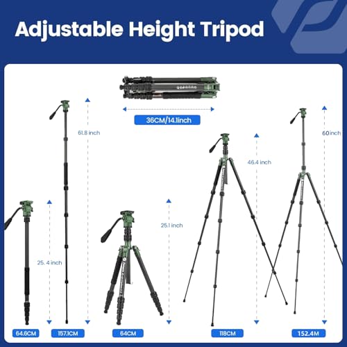 Image of Fotopro 62 inch Carbon Fiber Travel Tripod, Lightweight Compact Video Tripods with Fluid Head, Detachable Monopod with Arca-Swiss Quick Release Plate and Bag, Camera Tripod Load up to 8KG /17.63lbs, Green