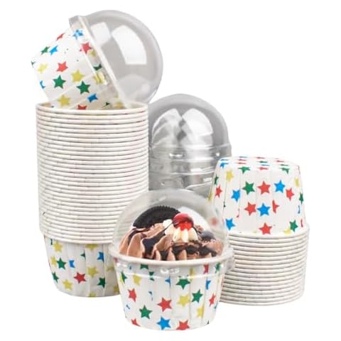 50 Pack Colorful Star Cupcake Liners with Dome Lids, Cupcake Muffin Liners Wrappers, Disposable Muffin Baking Cups Tins, Mini Cake Pans Containers Holder for Wedding Birthday Christmas Party Cover