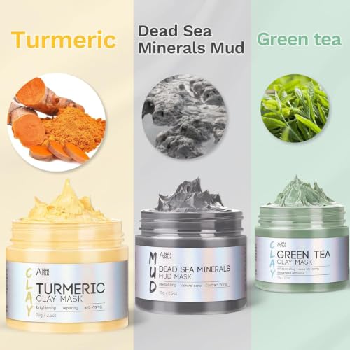 ANAI RUI 3 Pcs Face Mask Set - Turmeric Clay Mask - Green Tea Face Mask - Dead Sea Mud Mask for Oily Skin, Blackheads & Pores -Spa Gift Set Self Care for Women Teens 2.5 oz Each - Image 3