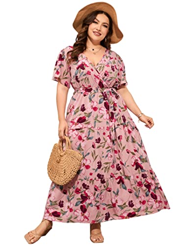 Image of ShopWonder Womens Plus Size V Neck Wrap Maxi Dress High Waist Ruffle Summer Casual Dress with Belt