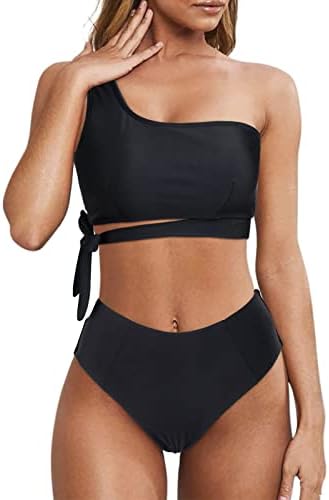 Wantonfy Damen Bikini Sets Schwimmanzug Badeanzug Bademode Swimsuit | EIN Schulter, High Waist, Push up, Zweiteiliger, Sommer, Pools, Strandpartys, Schwimmen, Surfen, Strand, Urlau