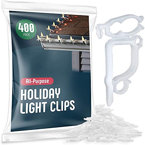 All-Purpose Holiday Light Clips [Set of 400] Christmas Light Clips, Outdoor Light Clips - Mount to Shingles & Gutters - Works with Mini, C6, C7, C9, Rope, Icicle Lights - No Tools Required - USA Made