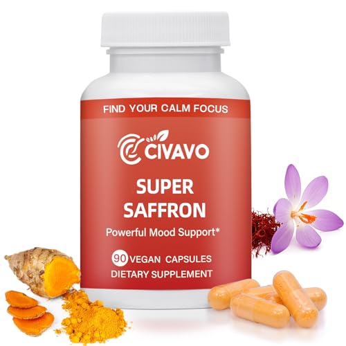 Super Saffron Supplements for a Happy Mind & Body - with Pure Optimized Organic Saffron Extract 30mg Curcumin & Zinc - Vegan Non-GMO Pills Support Focus Mood Eye Health for Women & Men 90 Capsules