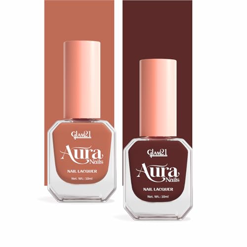 Image of Glam21 Aura Nails Nail Lacquer |Long-Lasting, Quick-Dry, High-Shine Nail Enamel | Chip-Free Formula | Smooth Application & Vibrant Finish |60 Striking Shades | 10ml Each | Pack Of 2 (Nude Glam &Biscuit Babe)