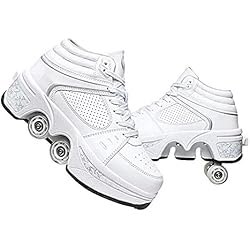 Zapatillas Patines Zapatos con Ruedas para Niños Y Niña, Zapatos Multiusos 2 En 1 Patines Zapatillas Deportes Al Aire Libre De Deporte,White High,36