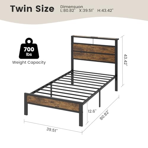 Image of Twin Bed Frame with LED Lights & USB Charging Station | Metal Platform Bed with Storage Headboard, Under Bed Space, Noise Free, No Box Spring Needed, Easy Assembly, Brown