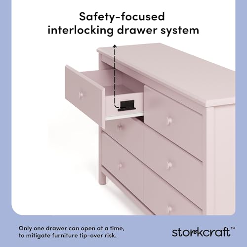 Image of Storkcraft Alpine 6-Drawer Dresser (Blush) - GREENGUARD Gold Certified, Pink Dresser for Bedroom, Kids & Nursery Storage Drawers, Safety Interlocking Drawers, Pre-Installed Tracks, Kids Bedroom