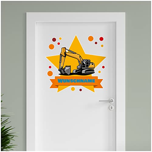 Finest Folia personalisierbarer T&uuml;raufkleber Wandtattoo Kinderzimmer f&uuml;r T&uuml;r Wand M&auml;dchen Jungen Wandaufkleber mit Wunschname Wunschtext T&uuml;rschild Aufkleber selbst gestalten (05 Bagger)