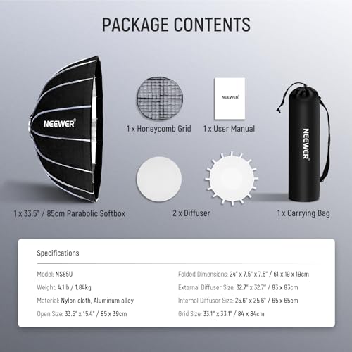 NEEWER 85cm Softbox Hexadecágono Parabólico, Configuración Rápida/Paraguas Plegable con Bowens Mount, Plato de Belleza/Difusor/Rejilla para CB200B CB60 MS60B MS60C Compatible con Aputure Godox, NS85U - imagen 8