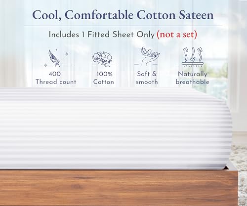 California Design Den Twin XL Fitted Sheet Only - Natural 100% Cotton, Soft 400 Thread Count Sateen, Twin XL Deep Pocket Fitted Sheets, No-Pop Off Elastic, Cool and Durable - Striped White