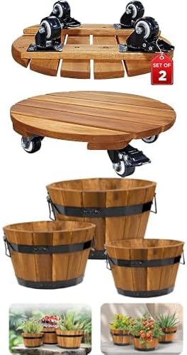 IDZO Gardening Acacia Bundle: 2 Planter Caddies 14inch + 3 Wooden Planter Pots